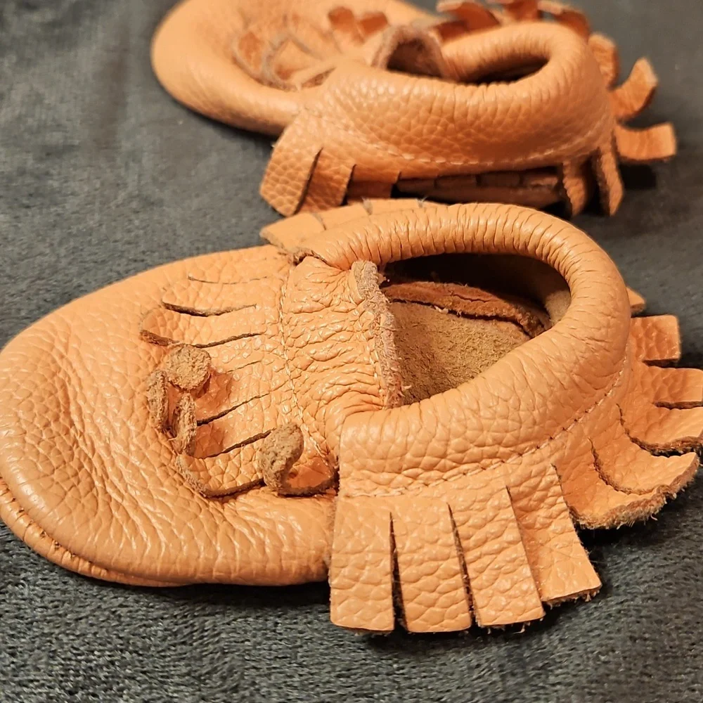 Soft Leather Fringe Pink Baby Moccasins Shoes Booties Newborn - 6 month